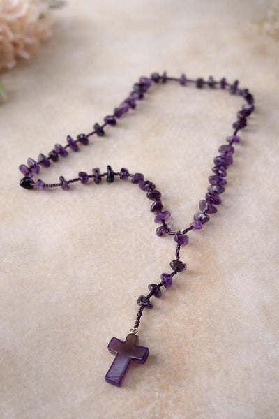 Natural Amethyst Rosary Necklace, Handmade Purple Crystal Prayer Beads
