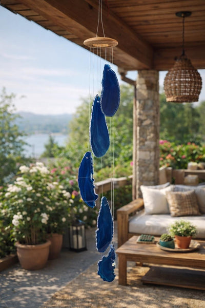 Blue Agate Slice Wind Chime, Natural Crystal Boho Garden Decor