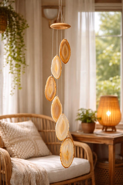 Large Agate Wind Chime, Natural Crystal Wind Chimes, Boho Garden Decor, Hanging Agate Slices, Outdoor Balcony Decor