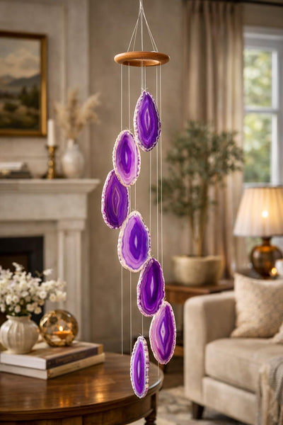 Violet Agate Wind Chime, Natural Crystal Slices, Boho Garden Decor
